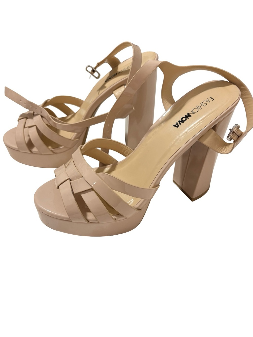 Fashion Nova Nude Patent Platform Block Heel Sandals Size 9